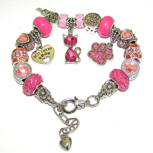 Cat Bracelet With Sparkling Pink Crystal European Beads & Charms, Cat Lover, NEW - Picture 3 of 5